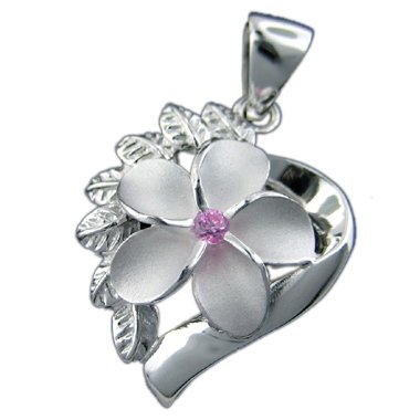 925 Silver 15mm Plumeria In Heart Pendant Hawaiian Jewelry