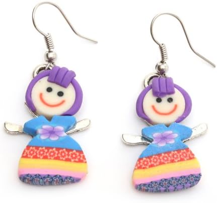 Idin Handmade Earrings - Miniature handmade girl in blue floral Hawaiian dress polymer clay drop earrings