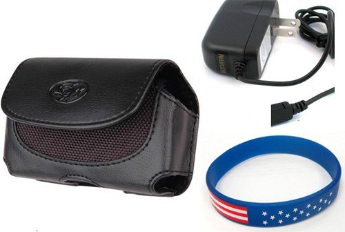 Premium Black Carrying Horizontal Case Pouch with Belt Clip for Blackberry 8110 Pearl + Home Travel Wall Charger + Free Star Stripes WristBand