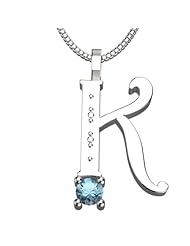Sterling Silver Letter K - March Aquamarine Birthstone 18 Inch Necklace