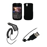 BlackBerry Bold 9650 - Black Rubberized Snap-On Cover Hard Case Cell Phone Protector + Rapid Car Charger + USB Data Charge Sync Cable for BlackBerry Bold 9650