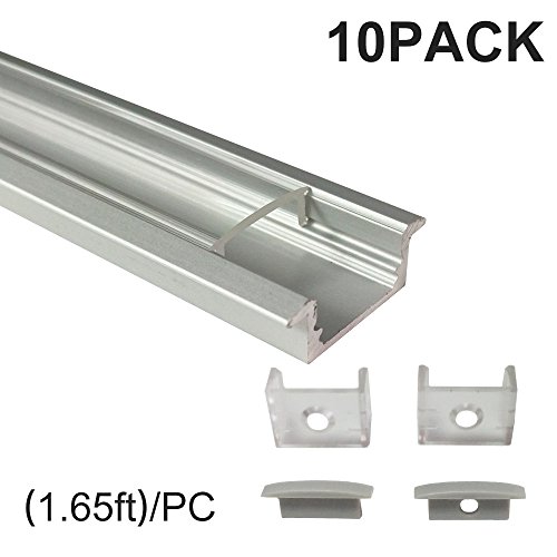 inShareplus 1.65FT/0.5M LED Aluminum Channel 0.48in Width (12mm Inner) U Type Flush Mount with Clear Transparent Cover, End Caps and Mounting Clips for LED Strip Light (Silver, 10Pack)