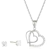Sterling Silver Double Heart Cubic Zirconia Earrings and Pendant Necklace Set, 18
