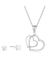 Sterling Silver Double Heart Cubic Zirconia Earrings and Pendant Necklace Set, 18"