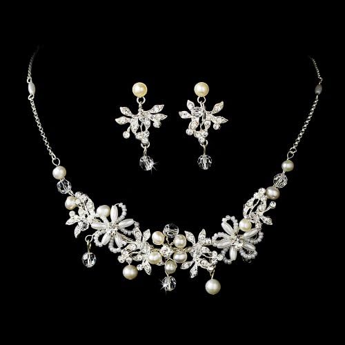Silvet-Tone Ivory Color Simulated Pearl Crystal Necklace Earring Set