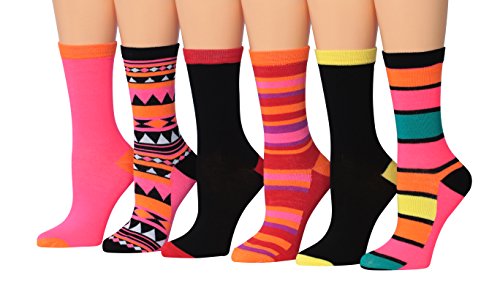 Tipi Toe Women s 6-Pairs Colorful Patterned Crew Socks, (sock size 9-11) Fits shoe size 6-9, CR101-6
