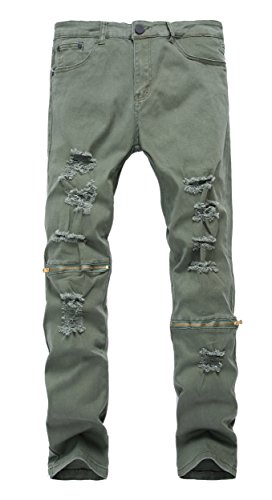 Men's Army Green Ripped Distressed Destroyed Skinny Fit Jeans Pants with Holes