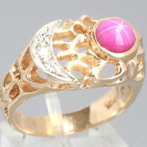 14k Yellow Gold Mens Created Star Ruby & Diamond Vintage Ring