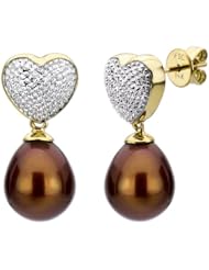 14k Yellow Gold 8-9mm Chocolate Cultured Freshwater Pearl High Luster, Heart-shaped Diamond Accent Drop Earring.
