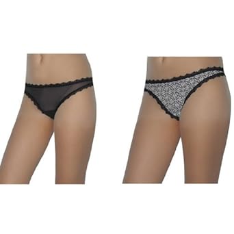 2 PACK: Ladies Sexy Lace Sheer Mesh Stretch Hipster Brief Thong Panties Underwear / Knickers - Black & White -Size:XL