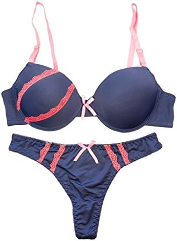 2-Piece Women's Lace Stripe Underwire Bra & Thong Set - Blue 36C
