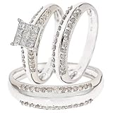1 Carat T.W. Round, Princess Cut Diamond 3 Ring Matching Wedding Set 10K White Gold - Size 7