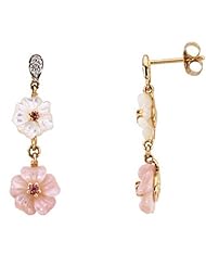 14K Yellow Gold Mother of Pearl, Tourmaline and Diamond Flower Earrings -- LIFETIME WARRANTY
