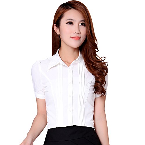 TLZC Women's Fashion Office Wear Puff Short Sleeve Slim Top Shirt Blouses