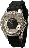 Womens Geneva New BLACK Platinum Silicone Rubber Jelly with CZ Crystal Rhinestones Face Bling Bezel