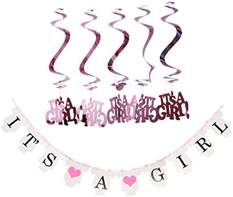 Lovarin It's A Girl Decorations Kit Newborn Baby Bunting Banner Sweet Safari Girl Hanging Swirl Confetti (5pcs) for Baby Shower Birthday Party Favors Photo Prop Room Nursery Decoration Ideas-Pink