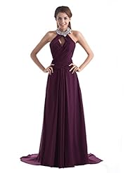 A-line Floor Length Chiffon Cutout Lace Keyhole High-Neck Basque   Waistline Halter Prom Dress 