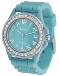 Teal Ceramic Style Silicone Gel Band Crystal Bezel Womens Watch