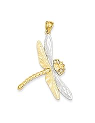 14K Yellow Gold with Rhodium Dragonfly Charm Pendant 47mmx28.5mm
