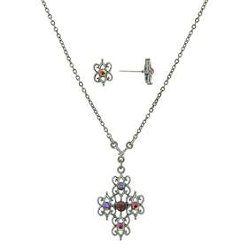 Ruby Hues Filigree Cross Necklace & Earrings Set