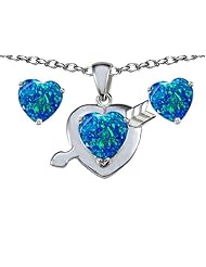 Original Star K (tm) Created Blue Opal 8mm Heart with Arrow Pendant Box Set with matching earrings in 925 Sterling Silver
