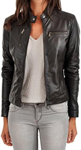 Leather Fashion Stores Women's Lambskin Leather Bomber Biker Jacket X-Large Black