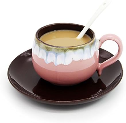 Momugs Retro Hit Color Hand-Painted Ceramic Coffee Cup with Spoon and Saucer Set, 6 oz, Pink