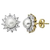10k Yellow Gold Freshwater Pearl and Diamond-Accent Earrings