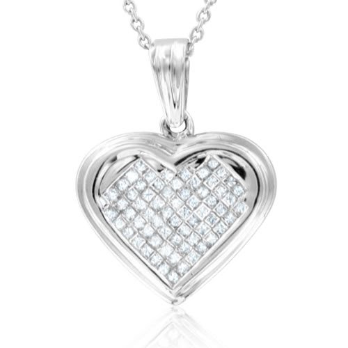 Invisible Set Princess Cut Diamond Heart Necklace in 14k White Gold (HI, SI2, 0.50 cttw)