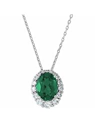 14K White Gold Oval Cut Chatham Created Emerald and Diamond Pendant -- LIFETIME WARRANTY