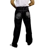Enyce Mens Black Jeans. 100% heavy weight machine washable cotton. Top quality embroidered design throughout these pants. Excellent attention to all important details: rivets, stitching and fabric design. The latest in unique hip hop and street wear.