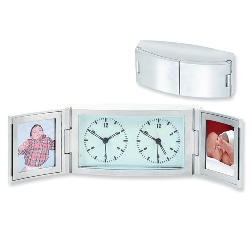 Satin Silver-tone Finish Dual Time Alarm Clock and Photo Frame