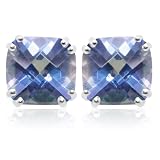 10k White Gold, December Birthstone, Cushion Cut Blue-Topaz Earrings