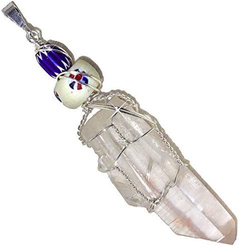 Pink Lemurian Quartz Wire Wrap Pendant in Sterling with Antique Trade Beads By Puppylove, Talking Crystal