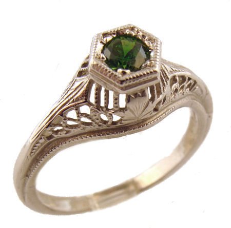 14k White Gold Vintage Style Filigree .33ct Demantoid Garnet Ring, Sz 7