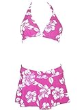 3pc Bikini Swimsuit, Halter, Green or Pink Floral, Skirt Cover-up Wrap (LG (10), Pink/White)