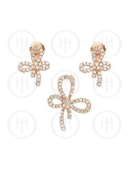 Sterling Silver -Micro Pave Bow Earrings Rose Colour Pendant Set (PS-1