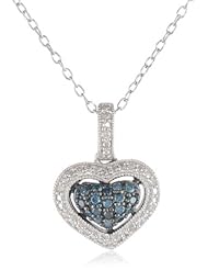 Black Rhodium Sterling Silver Blue and White Diamond Heart Pendant Necklace (0.25 Cttw, G-H Color, I1-I2 Clarity), 18"