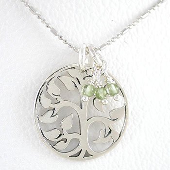 Round Tree of Life Pendant in Sterling Silver with Peridot Gemstone Beads on an 18 Rhodium and Sterling Bead Chain , #8431