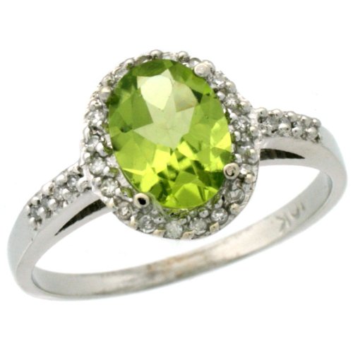 10k White Gold ( 8x6 mm ) Halo Engagement Peridot Ring w/ 0.096 Carat Brilliant Cut Diamonds & 1.05 Carats Oval Cut Stone, 3/8 in. (10mm) wide, size 8.5