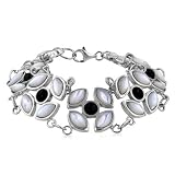 Sterling Mother of Pearl & Onyx Flower Bracelet 7.5
