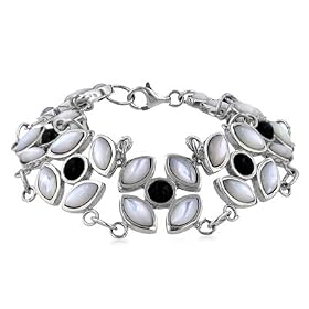 Sterling Mother of Pearl & Onyx Flower Bracelet 7.5" by 