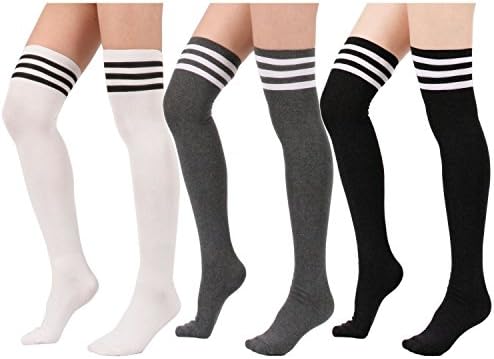 Shining Tower Women Warmers Athlete Stockings Over the Knee High Socks Black&White&Charcoal/3 Pairs