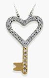 14 Karat Two-Tone Gold Diamond Heart Key Pendant with 16 Inch Chain