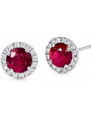2.75 ct Ladys Ruby Stone and Round Cut Diamond Stud Earrings 14 karat White Gold