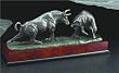 Executive Gift Wall Street Stock Market Wall Street Charging Bull & Bear Statue Sculpture on Burtwood Bronzed Metal