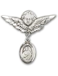 Sterling Silver Baby Badge with St. Jude Thaddeus Charm and Angel with Wings Badge Pin