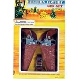 COWBOY DOUBLE GUN AND HOLSTER SET BROWN OR BLACK SENT AT RANDOM - FOR KIDS ONLY- NOT SUITABLE FOR ADULTS- APPROX 6 1/2" IN SIZE (PLEASE SEE PHOTOS 1 AND 2 FOR 2 DESIGNS BEING SHIPPED AT RANDOM)