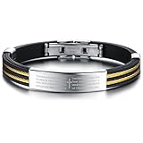 Men's English Lord's Prayer Cross Stainless Steel Rubber Bracelet Bangle Cuff Fashion Silver Black Gold