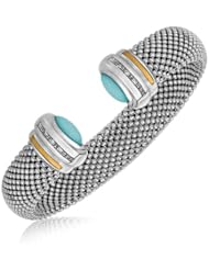18K Yellow Gold and Sterling Silver Turquoise Accented Cuff Bangle (.10 ct. tw.)